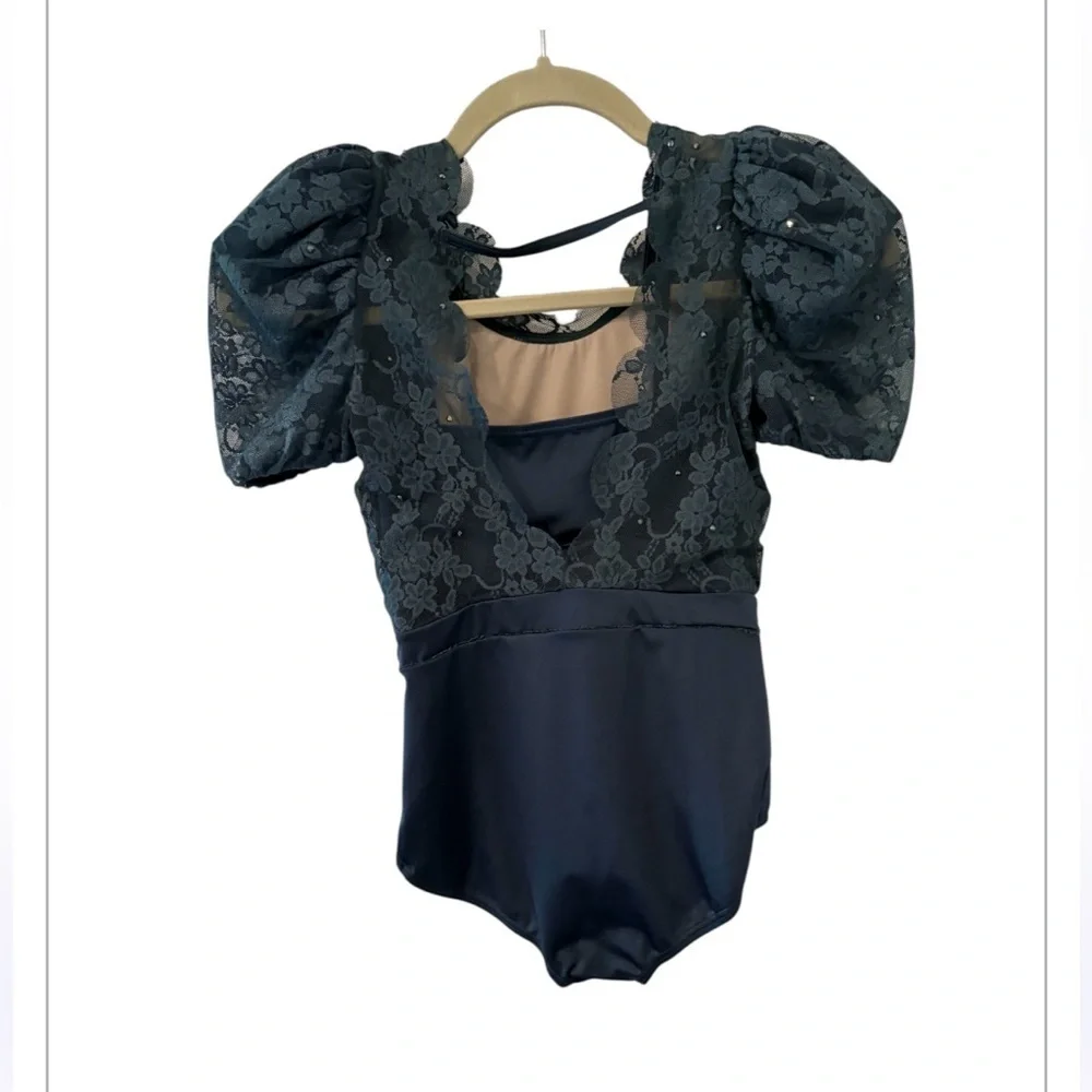 Weissman Blue Lace Puff Sleeve Balletcore Dance Costume Outfit Size MC - Picture 2 of 9